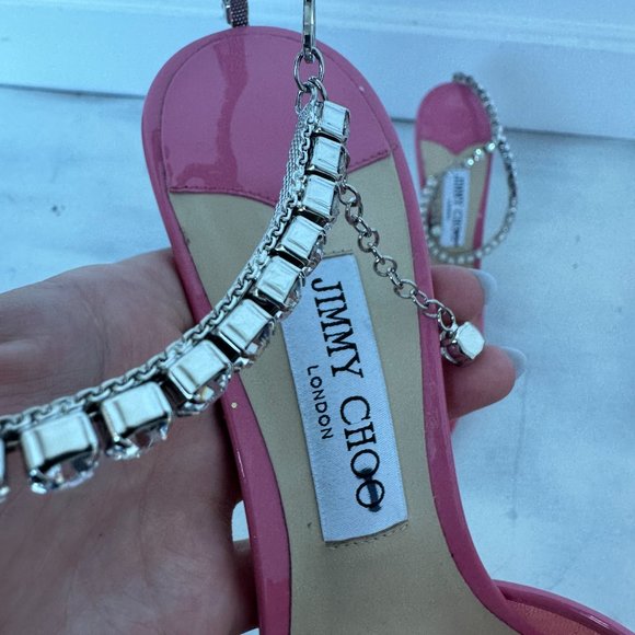 Jimmy Choo Saeda 100 Pointed Toe Mesh Pumps Pink Crystal Embellished Ankle Strap - Picture 3 of 9